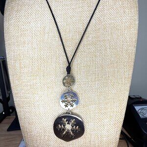J Jill Snowflake Pendant Necklace With Black Cord & Three-Tiered Metal Design